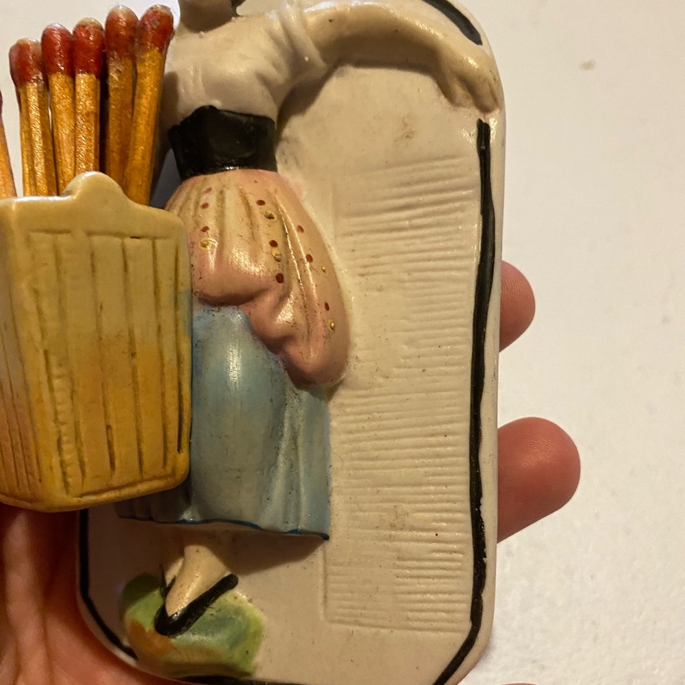 Vintage Bisque Porcelain Match Holder Woman with Basket Wall Hanging Plaque - Picture 3 of 8